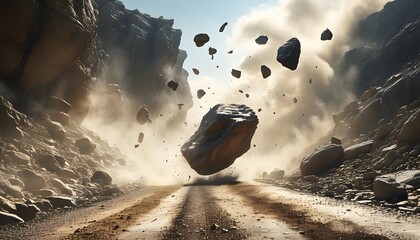 Wall Mural - Chaotic scene of falling rocks from a cliff beside a deserted road, enveloped by dust clouds creating a dramatic atmosphere