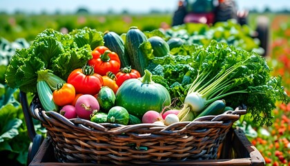 Sticker - vibrant assortment of fresh green and colorful vegetables in large basket amidst lush field with agricultural vehicle in the backdrop