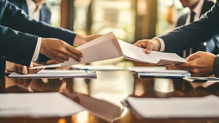 Wall Mural - Businesspeople Passing Documents Across Conference Table for and Teamwork