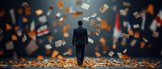 A businessman throwing away a torn trade agreement, with national flags in the background, failed trade deal, economic conflict