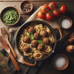 Wall Mural - A rustic serving of spaghetti topped with juicy meatballs in a cast-iron pan, surrounded by fresh ingredients like basil, cherry tomatoes, and pesto sauce. The wooden table setting enhances the