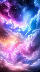 Wall Mural - Vibrant nebula with swirling clouds and stars, showcasing a beautiful blend of colors in a cosmic atmosphere.