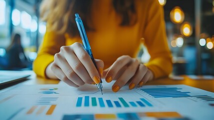 Poster - Businesswoman Analyzing Financial Data with Charts and Notes for Business Improvement