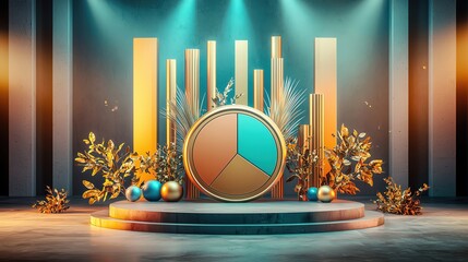 Wall Mural - elegant Retro-style stage lighting, bold pie chart, bright gold neon colors