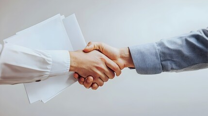 Successful Business Handshake with Documents Exchanged for Profitable Partnership Agreement