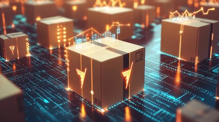 Wall Mural - A cardboard box surrounded by other boxes and data lines, representing digital logistics and supply chain management.