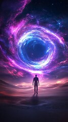 Wall Mural - A surreal scene depicting a figure standing before a vibrant cosmic portal, embodying mystery and exploration in the universe.
