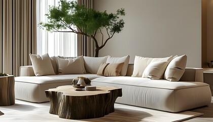 Wall Mural - Minimalist modern living room featuring an edge tree stump accent coffee table and a spacious couch in an elegant home interior design