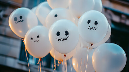 Wall Mural - White balloons with simple ghost faces drawn on them