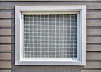 Gray siding serves as a neutral backdrop for a white framed window screen featuring a subtle square pattern,