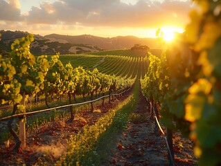 Canvas Print - Scenic vineyard in Napa Valley at sunset with grapevines stretching into the distance and golden light illuminating the landscape