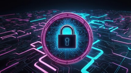 circuit board with binary code and with the sign of the cyber security AI Generated