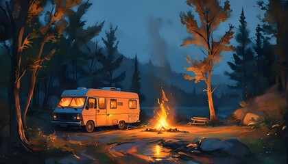 Wall Mural - Cozy campsite with a camper van in a dark forest, warmed by a glowing campfire amidst towering trees