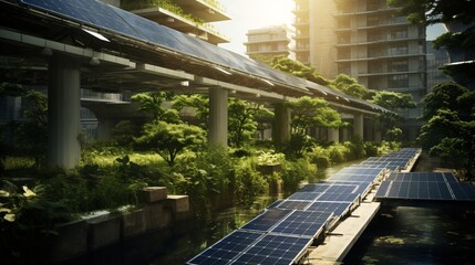 Solar panels in an urban park, blending technology with nature