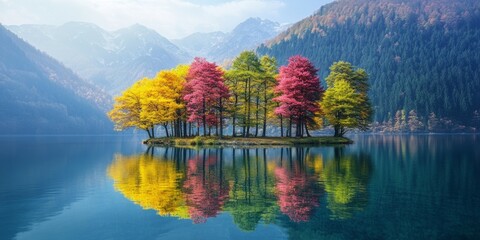 Poster - A serene island surrounded by vibrant trees in autumn colors. The calm lake reflects the stunning scenery. Perfect for nature lovers and landscape photography. AI