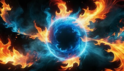 Wall Mural - A captivating visual of blue and orange flames swirling around a central point, symbolizing the fusion of fire and ice. The energetic and dynamic design conveys a sense of power and elemental force.