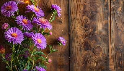 Wall Mural - Charming Asters on Rustic Wooden Background, Autumn Floral Elegance with Ample Copy Space