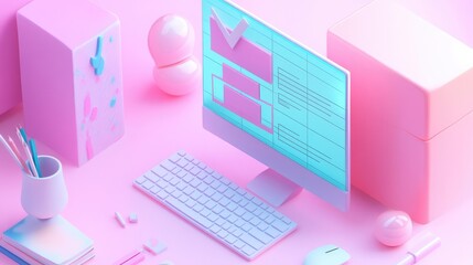 Wall Mural - A pastel pink computer with a keyboard, mouse, and other accessories.