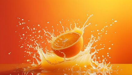 Poster - Dynamic splash of orange juice against a colorful gradient background, showcasing refreshing vitality in motion