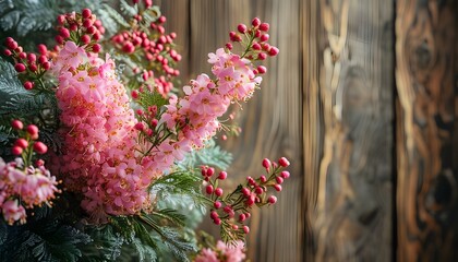 Wall Mural - Winter Floral Elegance with Heather on Rustic Wooden Background and Ample Copy Space