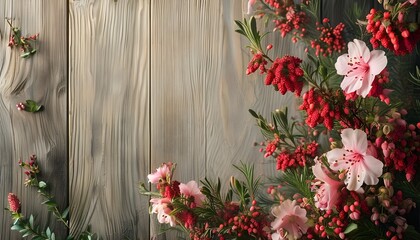 Wall Mural - Winter Floral Elegance with Heather on Rustic Wooden Background and Ample Copy Space