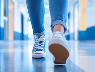 Rushing Student Feet in Modern School Corridor