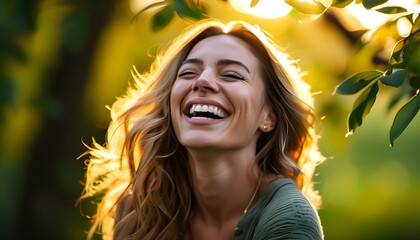 Sticker - Joyful woman laughing under the golden sun with blurred greenery, embodying a moment of pure happiness and carefree spirit