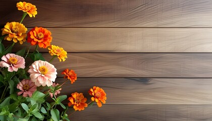 Wall Mural - Vibrant Zinnias on Rustic Wood, Capturing the Essence of Summer Blooms with Ample Copy Space