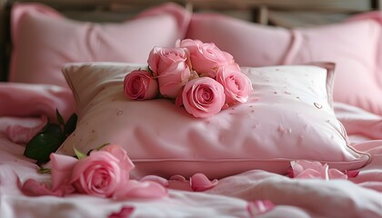 Wall Mural - Romantic Valentine Background with Pink Tones, Beautiful Pink Roses, Cozy Pillow, and Enchanting Atmosphere