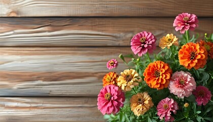 Wall Mural - Vibrant Zinnias on Rustic Wood, Capturing the Essence of Summer Blooms with Ample Copy Space