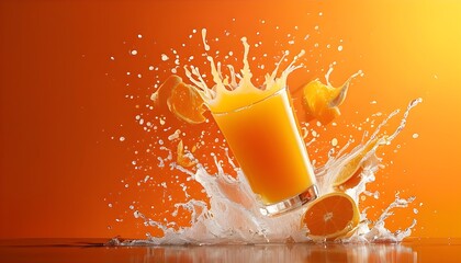 Poster - Dynamic splash of orange juice against a colorful gradient background, showcasing refreshing vitality in motion