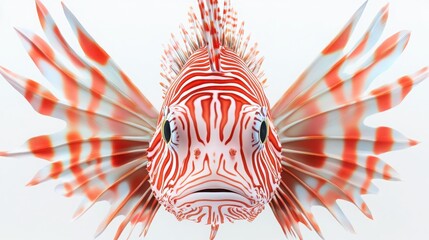 Wall Mural - A vibrant 3D emoji of a lionfish's face, with bold red and white stripes and graceful fins, set against a clean white backdrop