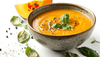 Tasty creamy pumpkin soup in bowl on white background