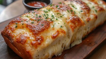 Wall Mural - A close-up of a freshly baked breadstick topped with melted cheese and herbs.