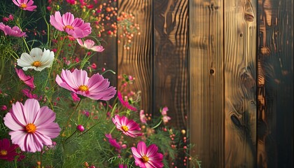 Poster - Vibrant Cosmos Blooms on Rustic Wood, Evoking Summers Essence with a Touch of Natures Beauty and Fresh Floral Inspiration