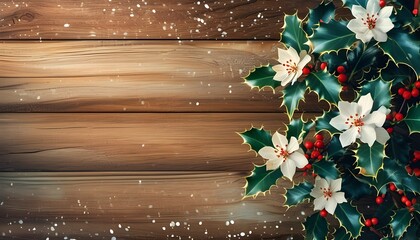 Wall Mural - Elegant Wintercreeper on Rustic Wood with Delicate Flowers and Ample Copy Space for Creative Ideas