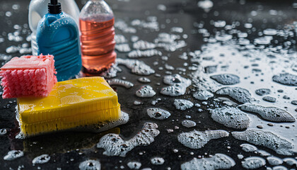 Cleaning supplies on black stone surface at car wash