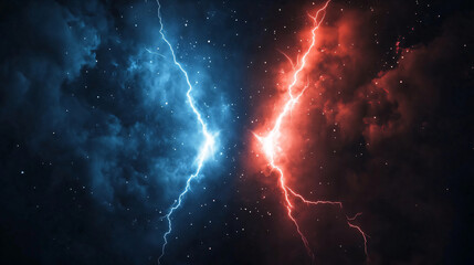 Wall Mural - Red and blue glowing shapes facing each other with energy and lightning