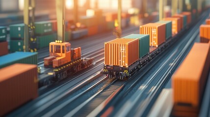 Shipping containers being loaded onto a freight train, with space for logistics text.