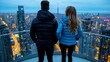 © Raitalinn - A couple stands on a rooftop observation deck, admiring the city skyline at dusk.