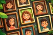 © Visual Sameer - Collection of photos of family members or relatives and events in frames. Bundle of framed wall pictures or photographs with smiling people depicted on them. Colorful cartoon AI