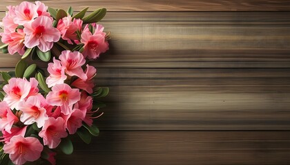 Wall Mural - Colorful Azaleas on Rustic Wooden Background with Ample Copy Space for Creative Spring Floral Designs