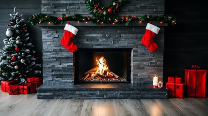 A cozy fireplace flickers as a decorated Christmas tree stands proudly nearby, surrounded by wrapped presents.