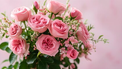 Wall Mural - romantic pink roses bouquet on soft pink background perfect for love celebrations, anniversaries, weddings, inviting elegance and delicate beauty in a springtime vibe