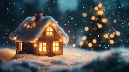 A small house with a chimney is sitting on top of a snowy hill. The house is lit up with a light inside, giving it a cozy and warm feeling. The snow around the house creates a peaceful