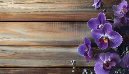 Wall Mural - Charming Violas on Rustic Wooden Surface with Abundant Copy Space for Winter Floral Inspiration