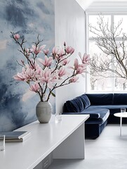 Wall Mural - A white table with a vase of pink magnolia flowers, a blue sofa, and a window with a view of bare trees.