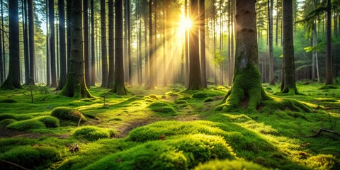 Poster - Scenic forest glade covered in moss bathed in morning sunlight