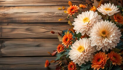 Wall Mural - Autumnal Display of Chrysanthemums on Rustic Wooden Surface with Ample Copy Space for Personal Touches