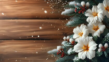 Wall Mural - Elegant Winter Daphne Blooms on Rustic Wooden Surface with Ample Copy Space